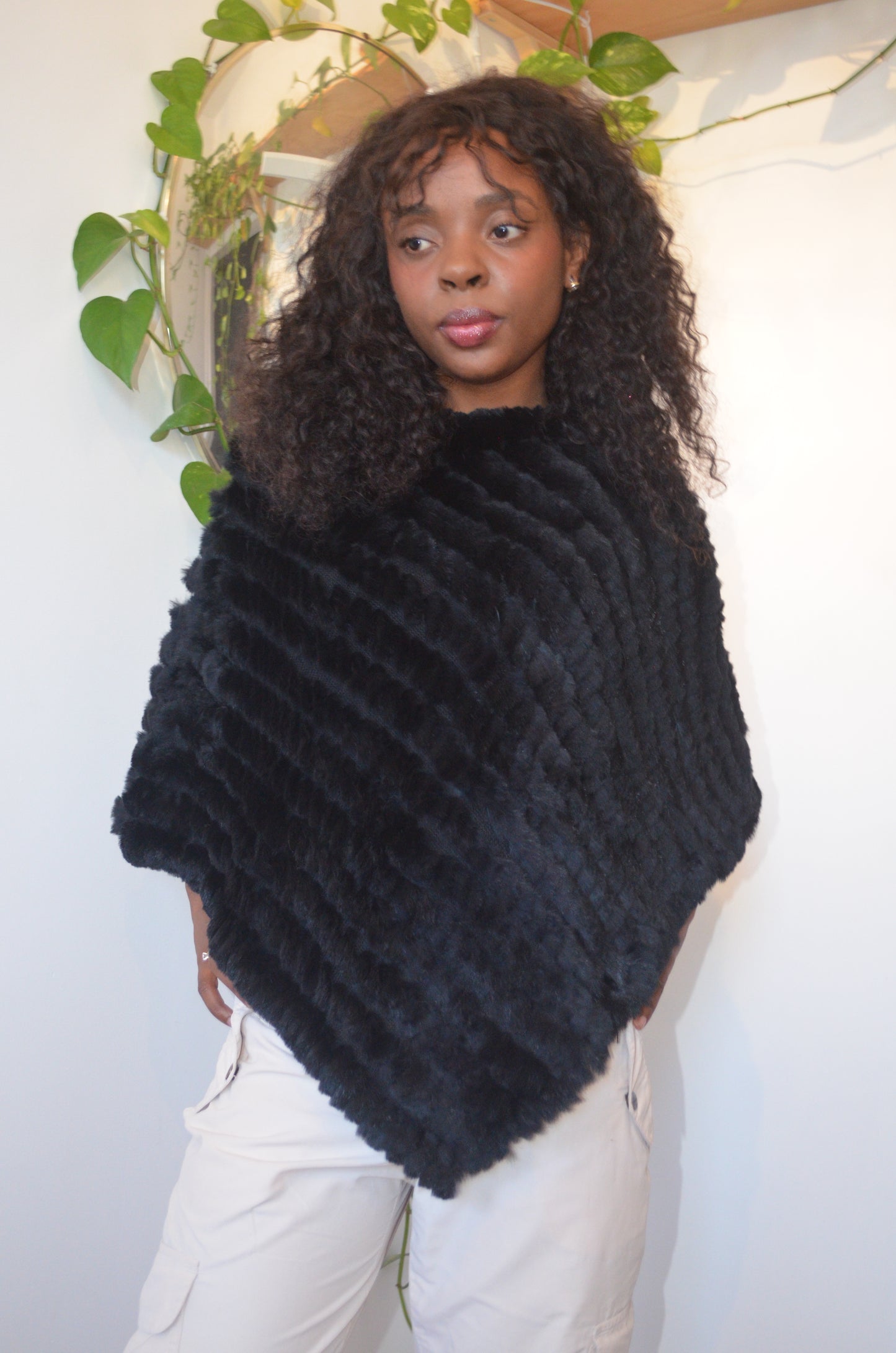 Black Real Fur/Wool Poncho