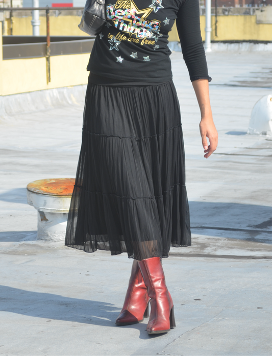 Black Tiered Midi Skirt