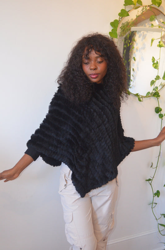 Black Real Fur/Wool Poncho